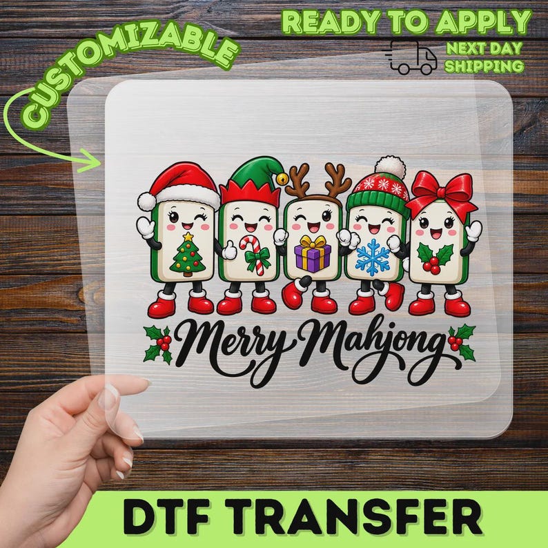Cute Christmas Mahjong DTF Transfer, Holiday Mahjong Tiles Ready to Press, Xmas Heat Transfer, Festive Mahjong Gift For Crafters image 2