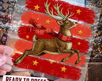 Flying Reindeer DTF Transfer, Christmas Deer with Scarf Heat Transfer, Festive Holiday Design, Ready to Press, DIY Apparel Decal