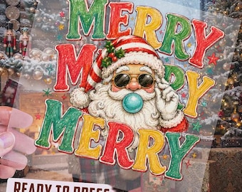 Cute Christmas DTF Transfer, Cool Santa Bubble Gum Sunglasses DTF Print, Ready To Press, Christmas Santa DTF Design