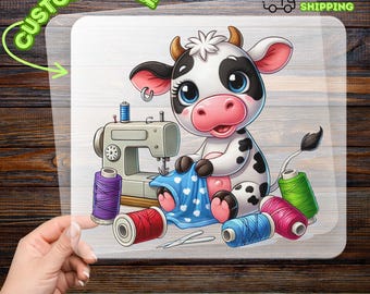 Cute Cow Sewing DTF Transfer, Farm Animal Quilting Design, Sewing Lover Gift, Ready To Press Custom Transfer, Crafting Cow Graphic