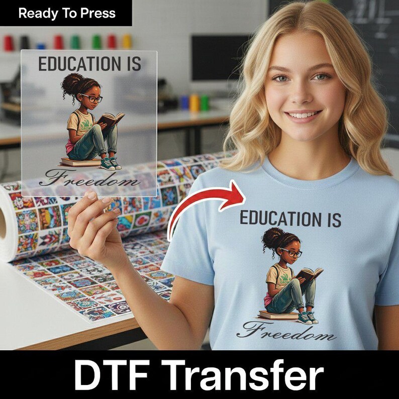 Black History Education is Freedom DTF Transfer, Empowering Reading Girl DTF Transfer, Black History Girl Reading Book DTF Transfer image 3