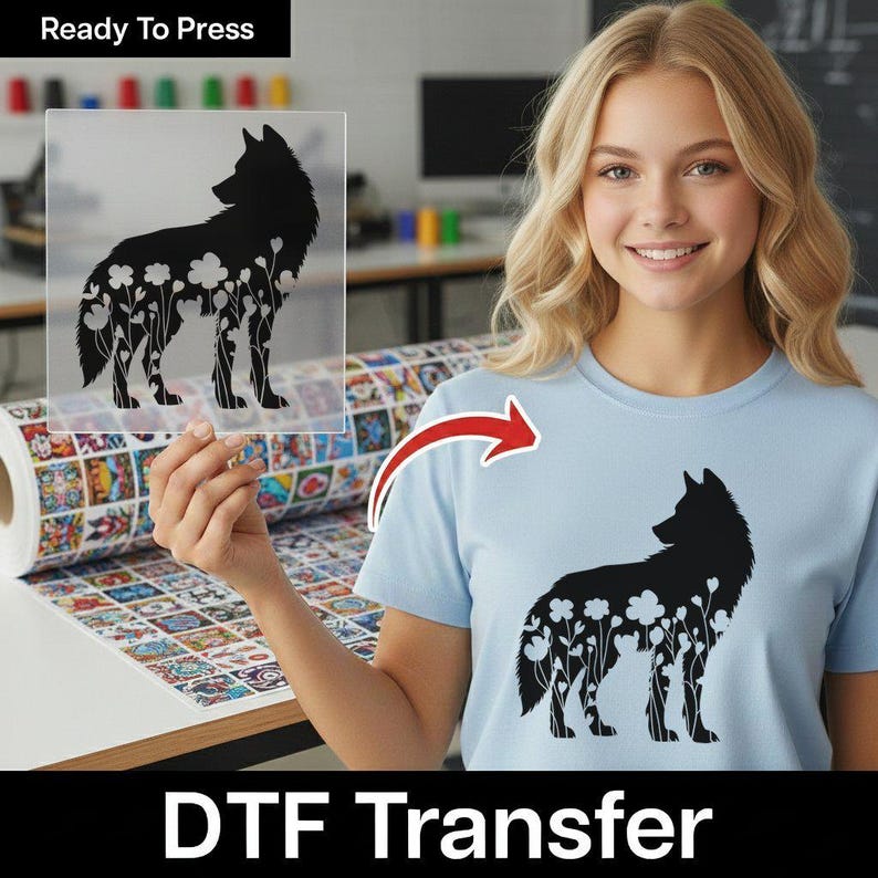 Wolf and Flowers DTF Transfer, Floral Wolf Art DTF Transfer, Ready to ...