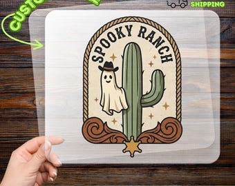 Creepy Cactus Ranch Halloween DTF Transfer, Funny Ghost Cowboy Design, Western Theme Heat Transfer for Party, Quirky Holiday Iron-On Decal