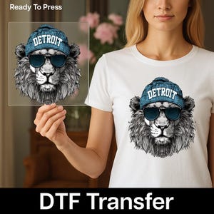 Cool Lion Urban Detroit DTF Transfer | Funny Animal Streetwear Iron-On for Teen Apparel | Edgy & Hipster Graphic Ready To Press