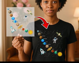 Transferência térmica DTF para aventura espacial no Sistema Solar, decalque termocolante com astronauta e foguete, ideal para feiras de ciências, pronto para estampar.