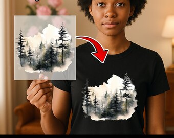 Eco-Friendly Misty Forest Watercolor DTF Transfer, Iron-On Green Landscape for Nature Lovers, Camping Group Apparel