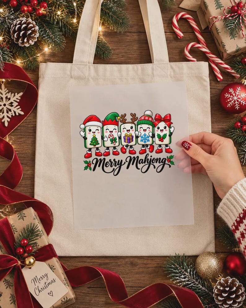 Cute Christmas Mahjong DTF Transfer, Holiday Mahjong Tiles Ready to Press, Xmas Heat Transfer, Festive Mahjong Gift For Crafters image 4