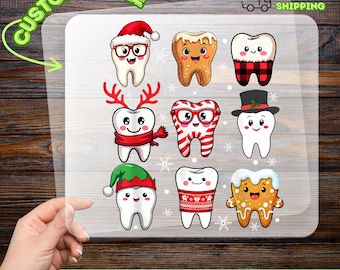 May include: DTF transfer sheet featuring nine cartoon teeth with holiday-themed designs. The teeth are decorated with Santa hats, reindeer antlers, gingerbread, and sweaters. The sheet is labeled "Customizable" and "Ready to Apply".