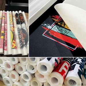The image is a collage of three photos. The top photo shows a collection of colorful rolls of wallpaper, the middle photo displays a close-up of a black and white text on a surface, and the bottom photo shows a close-up of rolls of wallpaper.