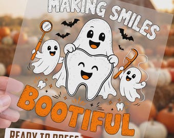 Cute Halloween Ghost Dental DTF Transfer, Ready To Press Creepy Dentist Tooth Heat Transfer for Shirts, Scary Halloween DTF Transfer
