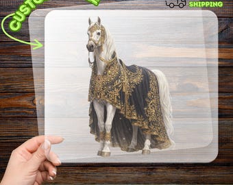 Cute Fantasy Horse DTF Transfer, Elegant Equestrian Heat Transfer for Medieval Events, Ornate Gold Embroidery Iron-On Decal