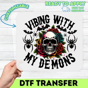 Gothic Halloween Skull  Roses DTF Transfer for Edgy Apparel | Spooky Neotraditional Tattoo Iron-On for Shirts  Hoodies
