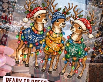 Christmas Reindeer DTF Transfer, Cute Sweater Reindeer Iron On Decal, Holiday Lights Deer DTF Transfer, Festive Christmas Iron On Decal