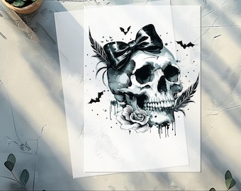 Gothic Skull Roses DTF Transfer, Floral Skull Heat Transfer, Ready To Press Iron-On Decal for Alternative Apparel