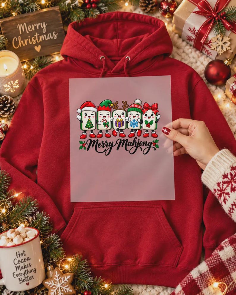 Cute Christmas Mahjong DTF Transfer, Holiday Mahjong Tiles Ready to Press, Xmas Heat Transfer, Festive Mahjong Gift For Crafters image 1