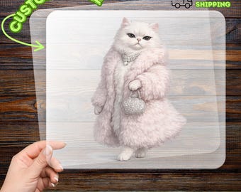 Elegant White Cat in Pink Fur DTF Transfer, Luxury Fashion Iron-On Decal, Humorous Cat Lover Heat Transfer, Ready to Press