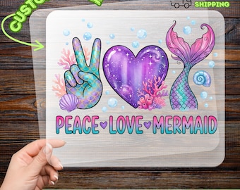 Peace Love Mermaid DTF Transfer, Vibrant Ocean Mythology Iron-On Decal, Cosmic Heart Heat Transfer for Fantasy Lovers