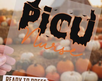 PICU Nurse Halloween DTF Transfer, Ready To Press Creepy Pediatric ICU Direct To Film Design, Witch Hat Bat Cat Nurse  Iron On Decal