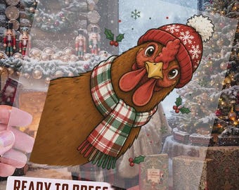 Christmas Chicken DTF Transfer, Winter Chicken Ready To Press, Holiday Farm Animal Heat Transfer, Cute Rooster Peeking DTF Design