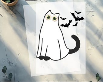 Söt spökkatt Halloween DTF-överföring, kattälskare värmeöverföring, Halloween-färdig att trycka på strykdekal för gör-det-själv-kläder