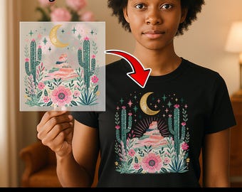 Bohemian Desert Landscape DTF Transfer, Vibrant Cactus Heat Transfer for Nature Lovers, Artistic Mountain Iron-On Decal