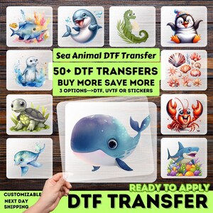 Op de afbeelding: Een verzameling DTF (Direct to Film) transfers met verschillende zeedieren, waaronder een walvis, dolfijn, haai en pinguïn. De transfers zijn klaar om aan te brengen en aanpasbaar. De tekst luidt "Sea Animal DTF Transfer" en "50+ DTF Transfers".