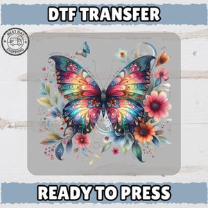 Vibrant Butterfly Floral Design Heat Transfer, Nature Art Iron-On Decal for Spring Celebrations, Cute Butterfly DTF Transfer