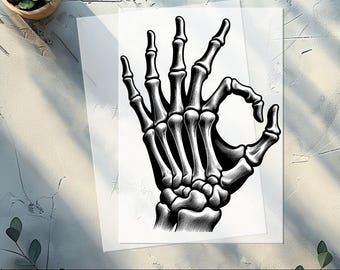 Cute Skeleton Hand OK DTF Transfer, Gothic Hand Gesture Heat Transfer, Ready to Press Iron On Decal for Apparel