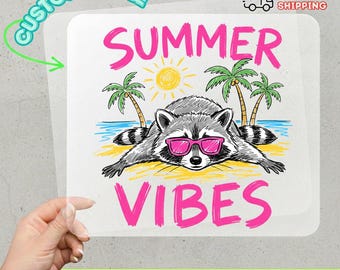 Beach Raccoon DTF Transfer, Cute Sunglasses Raccoon Heat Transfer, Tropical Vacation Ready to Press Decal