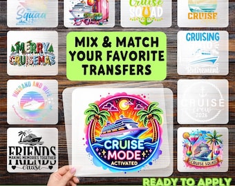 May include: A collection of DTF (Direct to Film) transfers with cruise-themed designs. The transfers feature various graphics, including cruise ships, tropical elements, and text such as "Cruise Squad" and "Cruise Mode Activated". The transfers are ready to apply.
