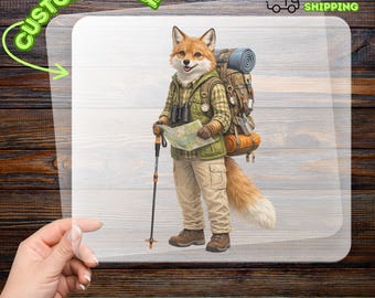 Anthropomorphic Fox Hiking Adventure DTF Transfer, Nature Explorer Iron-On Decal for Outdoor Enthusiasts, Animal Design