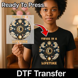Transferencia térmica de eclipse dos veces en la vida, diseño vintage de eclipse solar celestial, gráfico de transferencia térmica de evento astronómico