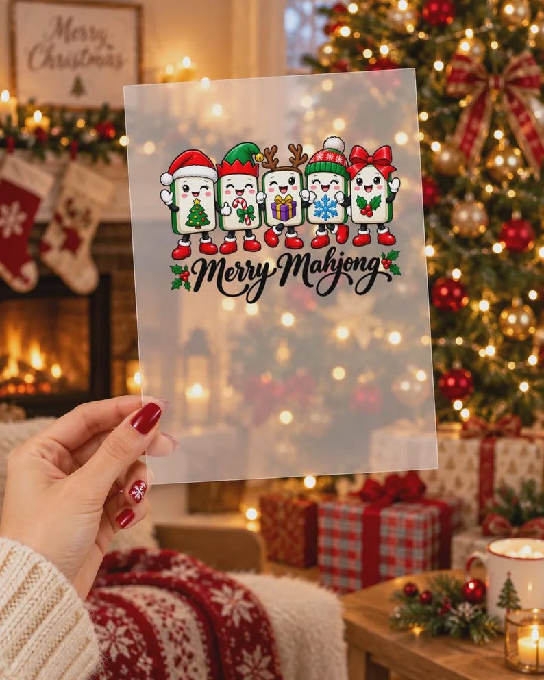 Cute Christmas Mahjong DTF Transfer, Holiday Mahjong Tiles Ready to Press, Xmas Heat Transfer, Festive Mahjong Gift For Crafters image 5