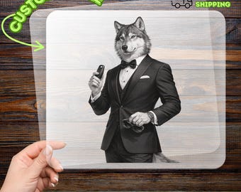 Wolf Tuxedo Iron-On Decal, Humorous Animal Design Heat Transfer, Stylish Anthropomorphic Art Ready to Press for Wolf Lovers