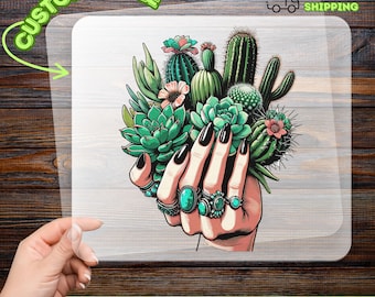 Cactus Hand Succulent Art DTF Transfer, Nature Resilience Iron-On Decal, Bohemian Heat Transfer, Bold Fashion  Iron On Decal
