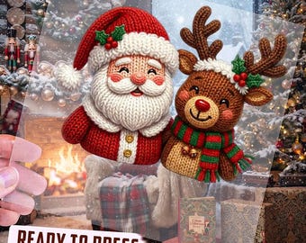 Knitted Look Santa and Reindeer DTF Transfer, Cute Christmas Ready To Press, Holiday Sweater Design, Festive DTF Print