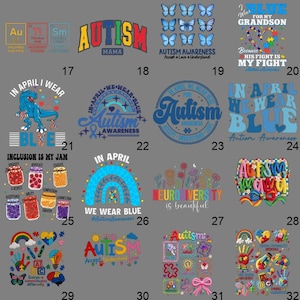 Puede incluir: Una colección de diseños gráficos con temas relacionados con la concienciación sobre el autismo. Los diseños incluyen textos como "Autismo Mamá", "En Abril Usamos Azul" e imágenes de mariposas y rompecabezas.