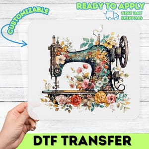 Niedliches Vintage-Nähmaschinen-DTF-Transfermuster für Quilter und Bastler – Fertig zum Aufbügeln: Blumenmuster für ein T-Shirt