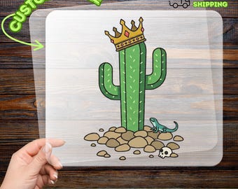 Crowned Cactus Iron-On Decal, Quirky Desert Design Heat Transfer, Playful Nature Ready to Press Gift for Humor Enthusiasts
