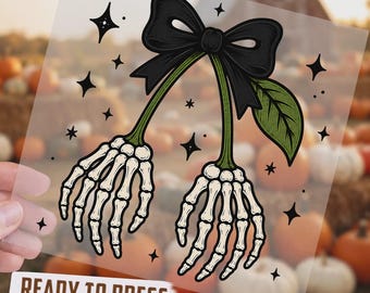 Skeleton Cherry DTF Transfer, Ready To Press, Gothic Skull Hands, Creepy Halloween Design, Emo Punk Aesthetic, Black Bow Graphic