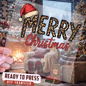 Retro Christmas Leopard DTF Transfer, Cheetah Print Christmas Santa Hat Direct to Film, Holiday Apparel Iron On Ready to Press