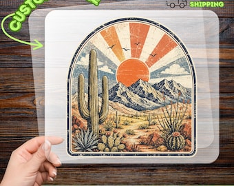 Vintage Desert Landscape Iron-On Decal, Nostalgic Adventure Ready to Press, Cactus and Sun Nature Lover Gift, Retro Travel Design