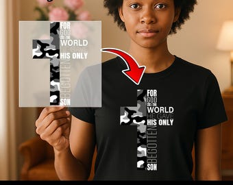 Religieus camouflage kruis strijkapplicatie DTF-transfer met christelijke Bijbeltekst voor T-shirt, kerkelijke groep en geloofskleding, grote kruis grafische DTF-transfer