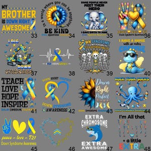 Może przedstawiać: Zbiór grafik o tematyce świadomości zespołu Downa. Projekty zawierają teksty takie jak "My Brother is Down Right Awesome", "Be Kind" i "Rock Your Socks", a także obrazy wstążek, dinozaurów i słoni.