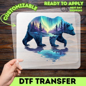 Iron-On Bear & Northern Lights DTF Transfer for Nature Lover Shirt, Outdoor Enthusiast Apparel, Adventure Wilderness Art Gift