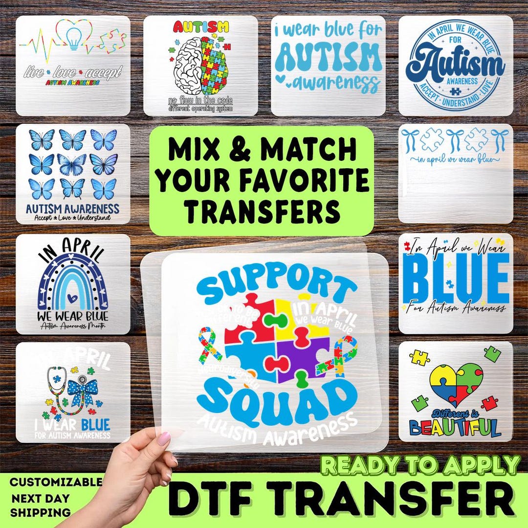 Autism Awareness, Puzzle Pieces DTF Transfer, Blue Ribbon Support ...