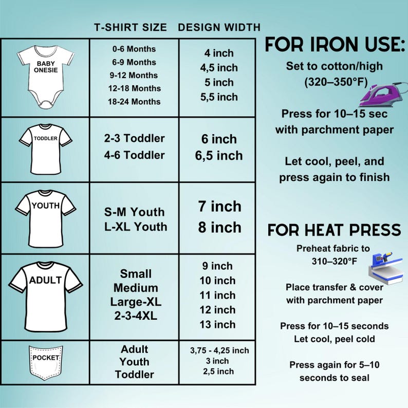 The image is a T-shirt size design with various age groups and corresponding shirt sizes. It provides a visual guide for selecting the appropriate shirt size based on the age group and the desired level of warmth.