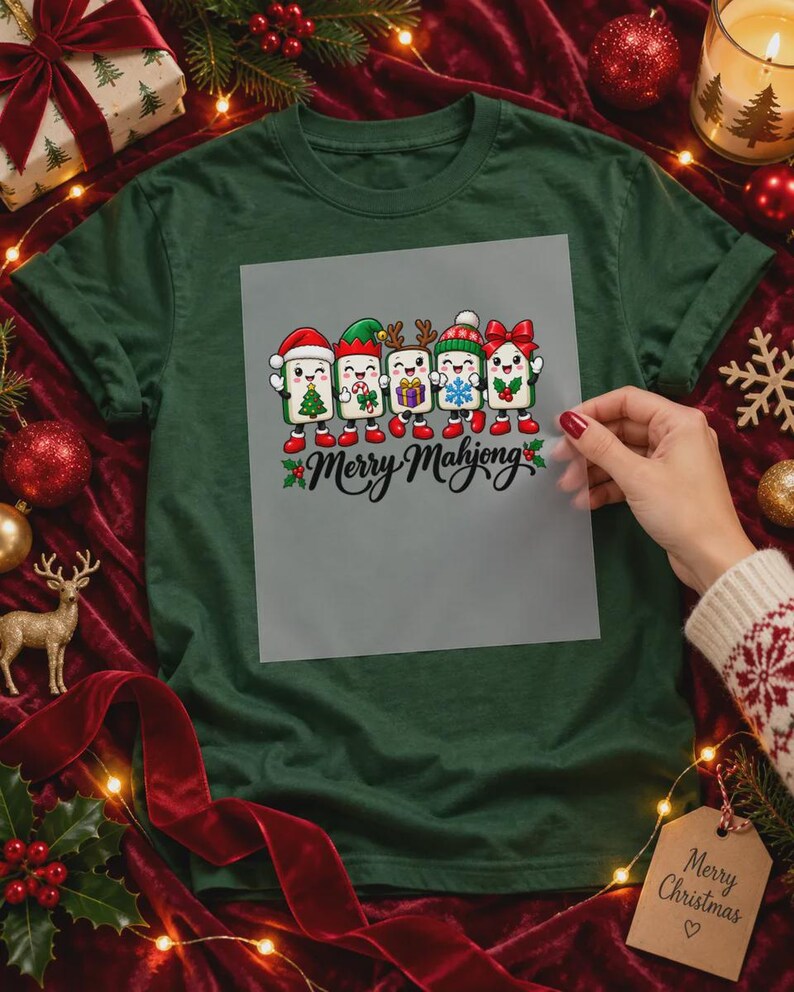 Cute Christmas Mahjong DTF Transfer, Holiday Mahjong Tiles Ready to Press, Xmas Heat Transfer, Festive Mahjong Gift For Crafters image 6