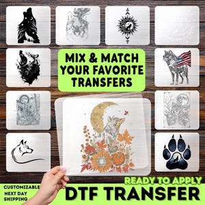Puede incluir: Una colección de transferencias DTF con temática de lobos que incluye varios diseños, como un lobo aullando, un lobo con una bandera estadounidense, una huella de lobo y un lobo rodeado de follaje otoñal, con el texto MIX & MATCH YOUR FAVORITE TRANSFERS.