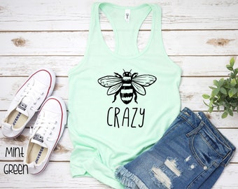 Bee Crazy Womens Racerback Tank | Bee Crazy Tank | Bee Inspirational Happy | Motivational Yellow Honey